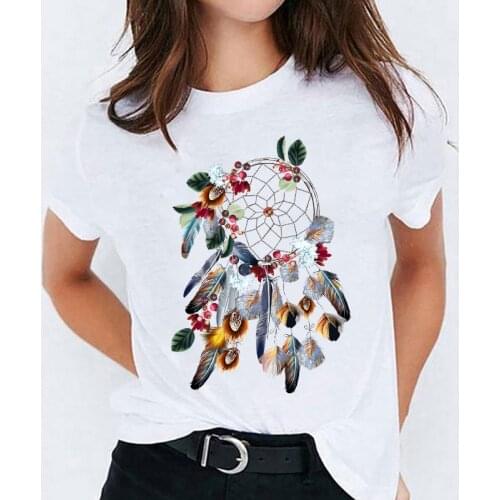 T Shirt for Women 90s Kawaii Feather Floral Feather Fashion Print Lady T-shirts Top Womens Stylish Ladies Sweet Tee T-Shirt