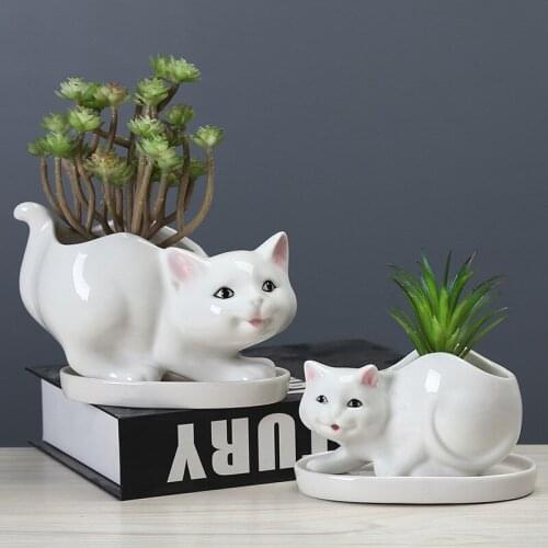 Creative Cartoon Ceramic Kitten Flowerpot Home Living Room Bedroom Desktop Bonsai Pot Decor Balcony Succulent Plant Potted Craft