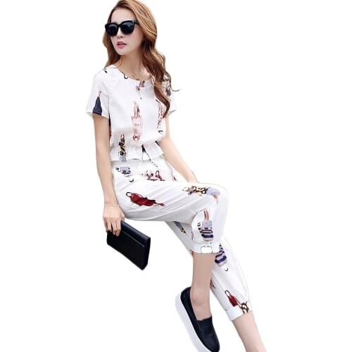Summer 2-piece suit girl top short-sleeved shirt ladies top + shorts suit ladies two-piece sportswear chiffon