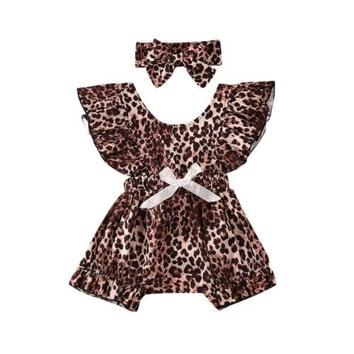 0-24M Newborn Baby Girl Leopard Print Romper Jumpsuit Headband Outfit Clothes