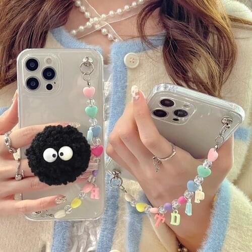 Transparent Colorful Letter Wrist Chain Black Hairball Bracket Phone Case For iPhone 12 11 Pro Max XR XS Max Soft Silicone Cover