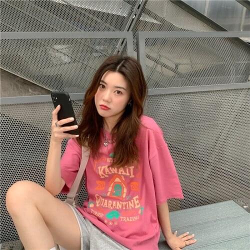 Harajuku Shirt Friends Pink Top Womens Simplee t Shirt 2021 Vintage Grunge Clothes Tops For Girls Kpop Korean Clothing Pink Top