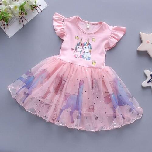 Toddler Mesh Lace Unicorn Girls Dress Summer Cartoon Party Princess Dresses For Baby GIrls Kids Birthday Present