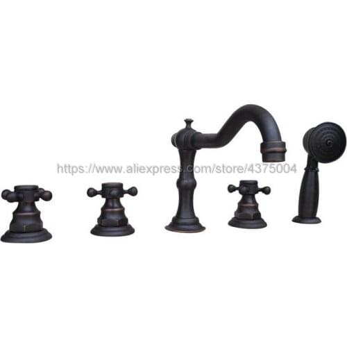 Widespread Oil Rubbed Bronze Deck Mounted 3 Handles Bathroom Tub Faucet 5 Holes Hand Shower Sink Mixer Tap Ntf062