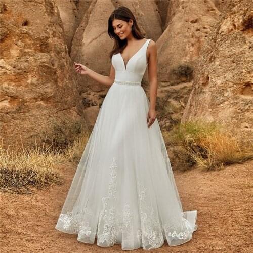 Vestido de noiva Deep V-Neck Wedding Dresses 2022 A-Line Backless Lace Tulle Bridal Gown Custom Made Plus Size