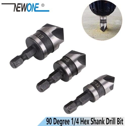 3pcs/set 90 Degree 1/4 Hex Shank Drill Bit 5 Flute 12-19mm Woodworking Chamfer Counter Sink Chamfering Debur Countersink