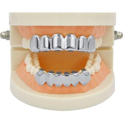 TOPGRILLZ New Fit Gold Silver Plated HIP HOP Teeth Grillz Top & Bottom Vampire Fangs Teeth Grills Caps Set With silicone