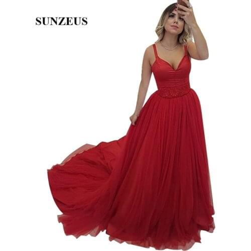 A-line Sweetheart Spaghetti Straps Red Evening Dresses Beaded Waistline Long Train Formal Dress Tulle Women Party Gowns