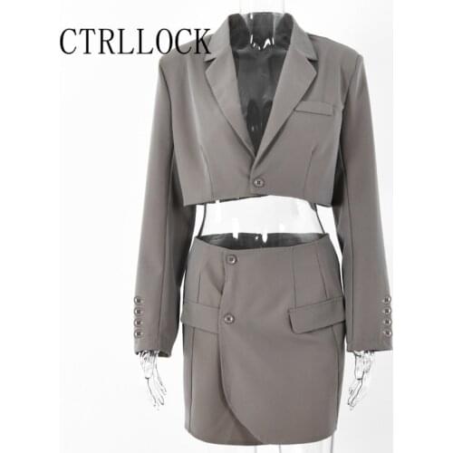 CTRLLOCK Streetwear Grunge Solid Color V-neck Long Sleeve Suit Women One Button Cardigan A-line Skirt Set