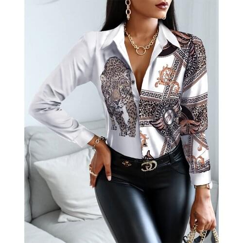 Spring Autumn Womens Cheetah Print Shirt 2021 Femme Casual Button Up Turn-Down Collar Top Office Ladies Elegant Outfits traf