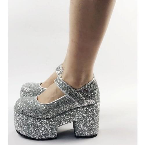 Womens Sequins Bling Sliver Crystal Platform Round Toe Leather Super Block High Heel Knight Punk Shoes Plus Size34-46