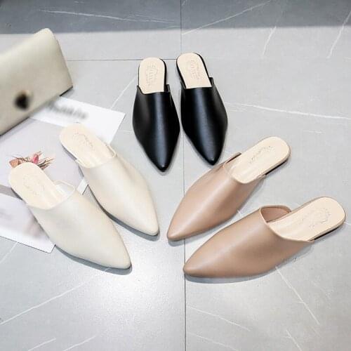 Womens Flat Shoes, Fashionable Casual Lazy Mules, Korean Style Half Shoes (Pointed Toe, Leather)