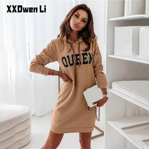 Women Autumn Hoodie Letter Mini Dress Spring Sport Leisure Loose Casual Dress Fashion Long Sleeve Draw String Hoodie Dresses