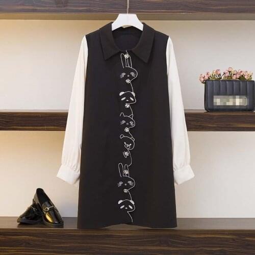 Plus Size Dress Women Cartoon Animal Embroidery Shirt Dress 2020 Long Sleeve Single-breasted Loose Casual Cute Dresses S-4xl