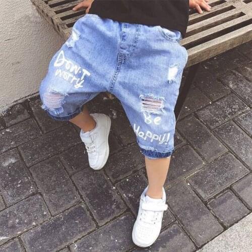 2020 New Summer Letter Print Toddler Boys Short Pants Children Hole Denim Shorts Kids Casual Cotton 2 Colors Boys Straight Pant