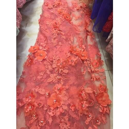 5yards NE014 good quality nice orange 3d FLOWER embroidery Tulle lace fabric for evening dress/wedding