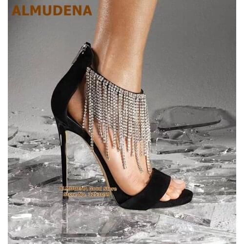 ALMUDENA Bling Bling Silver Crystal Fringe Sandals Magnifique Draped Rhinestone Glitter Wedding Shoes Black Suede Strap Pumps