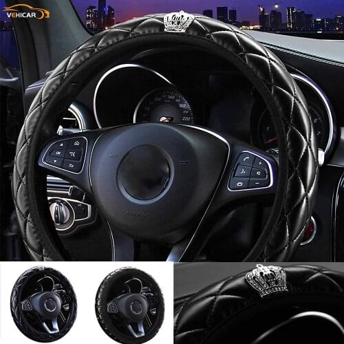 VEHICAR 3D Crystal Crown Car Steering Wheel Covers Universal PU Leather for Truck SUV Cars Accessories14-15 inch Easy Install