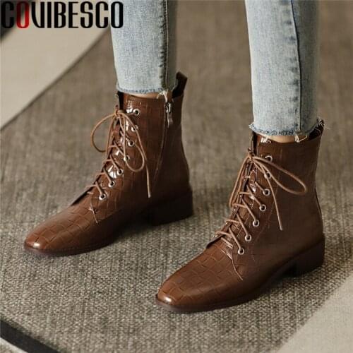 COVIBESCO Basic Ankle Boots For Women Autumn Winter Genuine Leather Shoes Woman Fashion Cross-Tied Office Lady Low Heels Boots