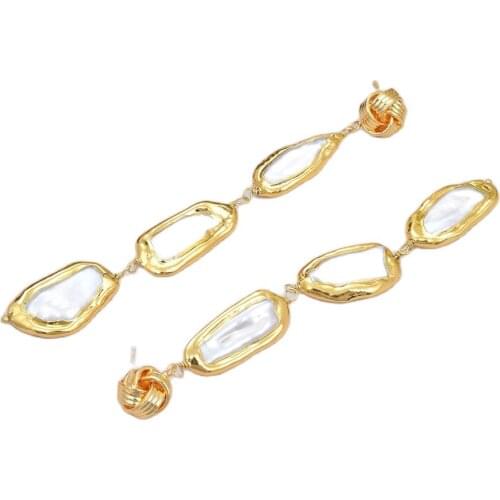 GG Jewelry Natural Cultured White Biwa Pearl With Electroplated Edge Dangle Stud Earrings Luxury For Women Lady Gift