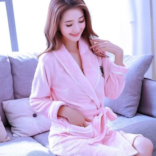 H5947 Women Cute Robes Winter Plus Thick Flannel Bathrobe Home Clothes Female Coral Velvet Long Sleeve Warm Thermal Nightwear