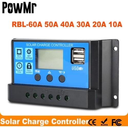 Solar Charger Controller 60A 50A 40A 30A 20A 10A 12V 24V Battery Charger LCD Dual USB Solar Panel Regulator for Max 50V PV Input