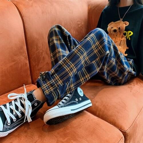 Girls Korean Plaid Pants Loose Lattice Trousers Kids Casual Joggers Straight Leg Pants Korean Harajuku Trousers Student Clothing