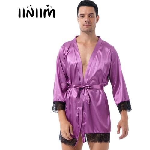 Mens Lace Trim Belted Kimono Night-robe Sissy Nightwear Long Sleeve Satin Open Front Bathrobe Sleepwear Male Homewear Loungewear