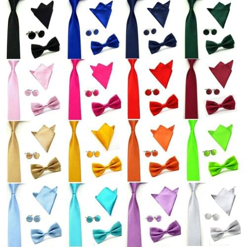 Men Solid Plain Satin Bow Tie Necktie Handkerchief Cuff Link Pocket Square Set BWSET0507