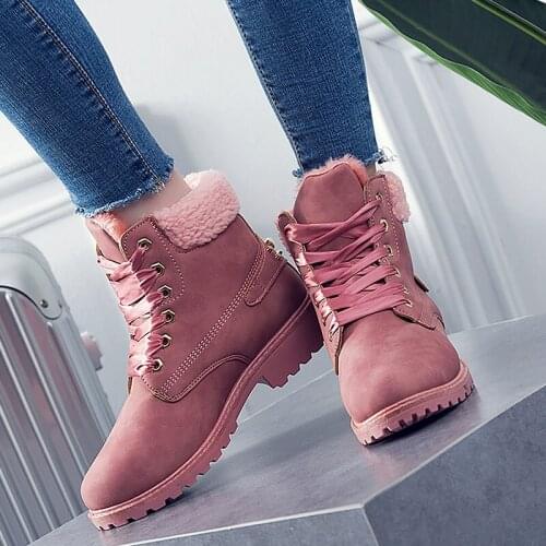 Solid round toe lace-up snow boots Women boots square heel shoes woman 2021 new fashion warm velvet ankle boots women shoes