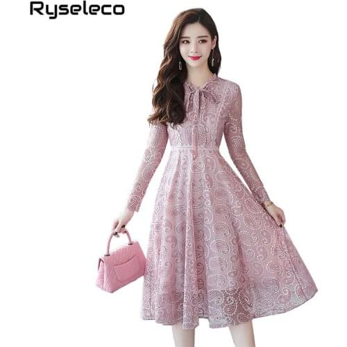 New Quality Autumn Women Bow Lace Dress Hook Flower Hollow Out Vestidos Work Casual Slim Vintage Long sleeve Party Flare Dresses