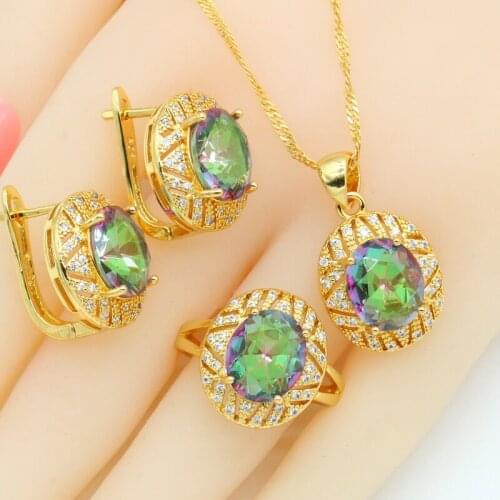 Rainbow Blue Stones Gold Color Jewelry Sets for Women Hoop Earrings Necklace Pendant Rings Gift Box