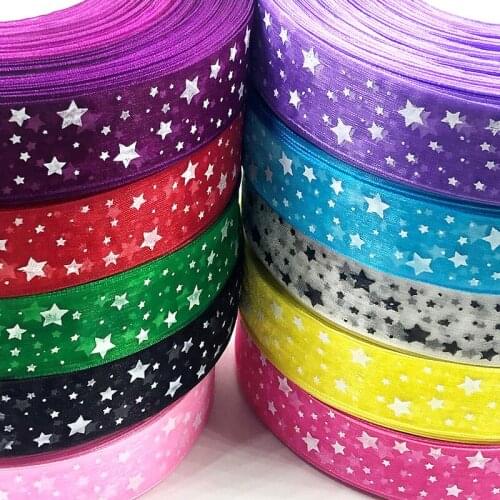 Christmas 1" width red color dot star flower printed organza ribbon for packing and bow