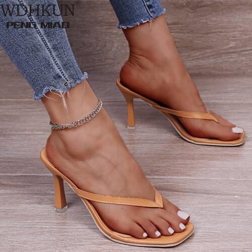 White Black Thin Heel Sandals Slippers Women High Heels Flops Square Toe Slides Party Shoes For Women Big Size Slippers