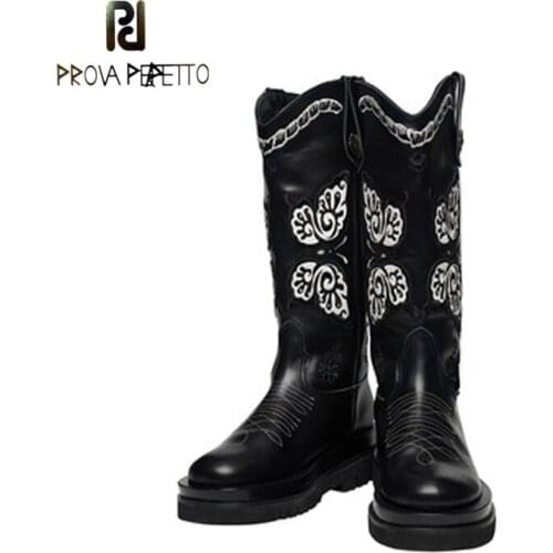 All-match Embroidered Sleeve Cowboy Boots In Tube V Mouth Round Toe Thick Bottom Retro Knight Western Boots Female Tide