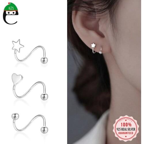 ElfoPlataSi Real 925 Sterling Silver Fashion Star Heart Beads Spring Screw Earring For Women Wedding Party Fine Jewelry DT113