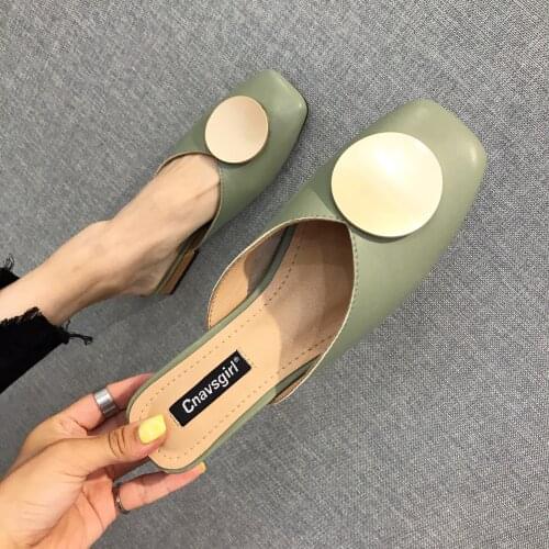 Brand designer round metal buckle slippers women square toe mules outdoor slides shoes woman leather flip flops pantoufle 397