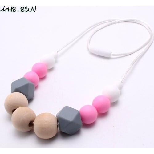 MHS.SUN Food Grade Silicone Teething Necklace BPA Free Silicone Wooden Beads Nursing Chewable Necklace For Mommy and Baby 5Pcs