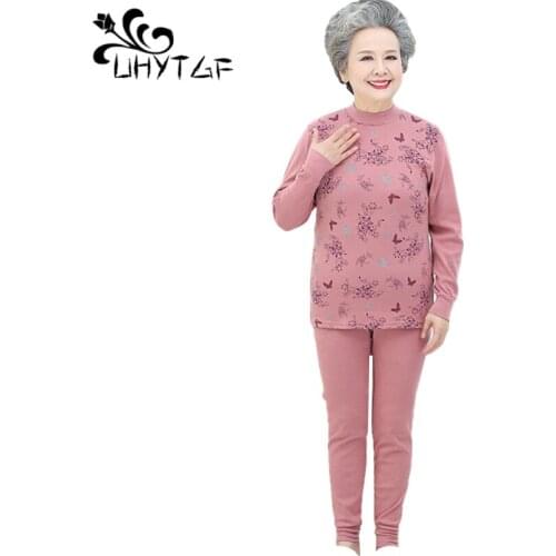 UHYTGF Spring Autumn Two Piece Set Women Pure Cotton Base Thermal Underwear Suit Middle-Aged Elderly Comfort Thin Clothes 1880