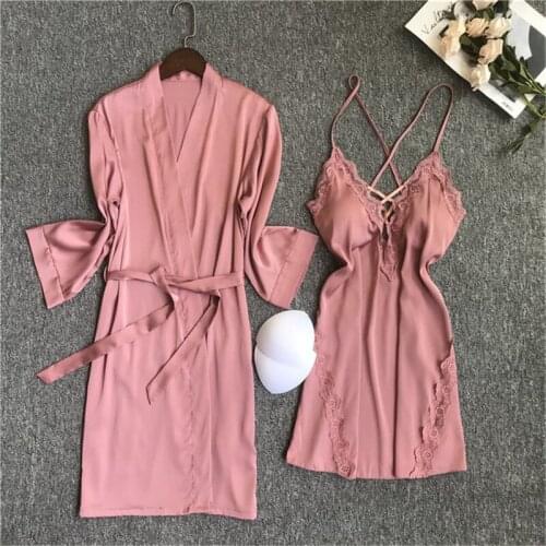 Spring and autumn nightgown fun pajamas feminine sling chest pad nightdress kimono robe two-piece nightwear new arrival bathrobe