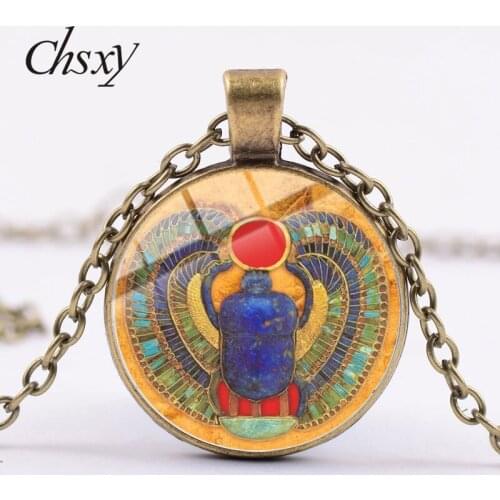 CHSXY Vintage Egyptian Scarab Pattern Pendant Necklace Art Glass Photo Dome Necklaces For Women Men Jewelry Gifts Accessories