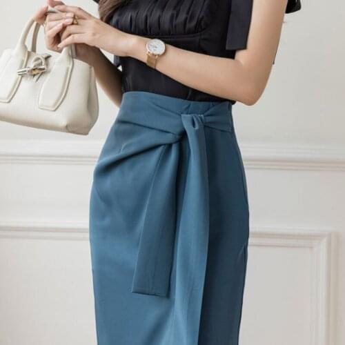 Women Summer Elegant Slit Package Hip Skirts Fashion Lace-up High Waist Midi Skirt Office Lady Solid Color Knee-length Skirts