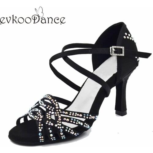 High Quality 8.3cm 5cm customized heel Professional black satin rhinestone Zapatos De Baile Latin Dancing Shoes For Women