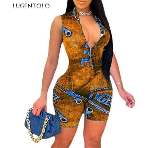Slim Playsuit Women Print V-neck Zipper Summer Thin Casual Female Fashion Sleeveless Polyester Playsuits Lugentolo