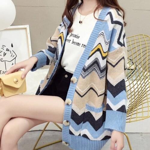 2019 Fashion Wave Pattern V-Neck Sweater Women Knitted Cardigan Large Size Loose Coat Woman Korean Clothing Casual Tops