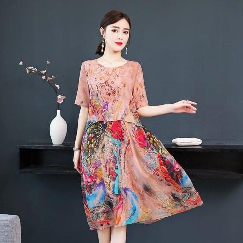 New Imitate Silk Dress Spring Summer Floral Print Women Dress Loose Fashion High Quality Casual Elegant Dress Female Vestido