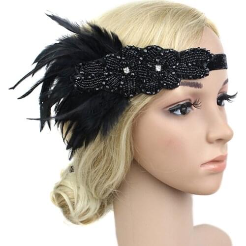 Hair Accessories Black Rhinestone Beaded Sequin Hair Band 1920s Vintage Gatsby Party Headpiece Women Flapper Feather Headband
