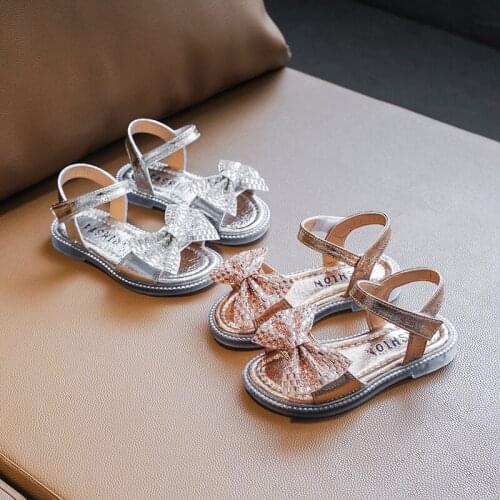 2021 Summer Princess Shoes Girls Bow-knot Fashion Rhinestone Flats Sandals Cute Sweet for Party Chic Paillette Hot Children New