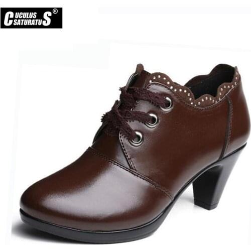 Cuculus High Heels 2020 Autumn Winter Genuine Leather Shoes Ankle Boots Lace Work Mom Shoes Casual Fashion Shoes 1804