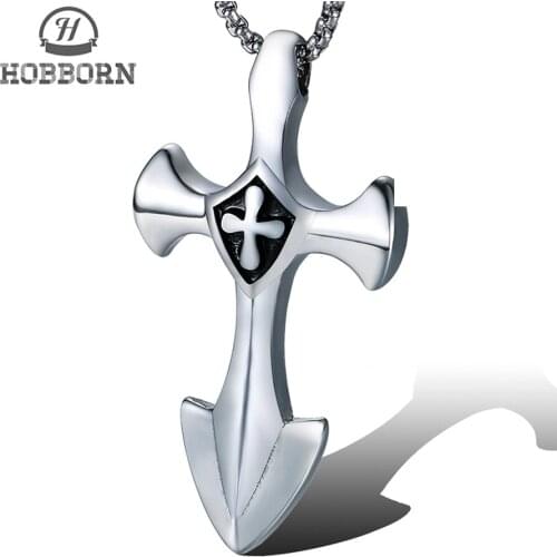 HOBBORN Classic Sword Cross Necklaces & Pendents Women Stainless Steel God Amulet Necklace Men Religious Jesus Pendent Jewelry